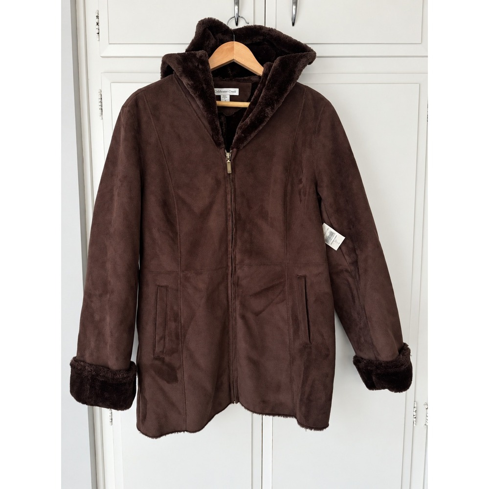 Coldwater Creek Faux Suede Fur Lined Hooded Jacket Brown Large 14 NEW